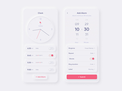 Neumorphism Alarm alarm app application clean clock design light mobile neumorphism time trend ui uiux ux