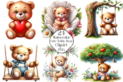 Watercolor Cute Teddy Bear Clipart teddy bears clipart bundle