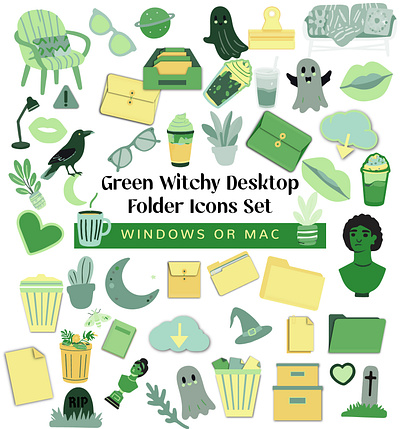 Spring Green Desktop Folder Icons with a Witchy Spooky Vibe adobe illustrator desktop icons folder icons icon design illustrator vector design