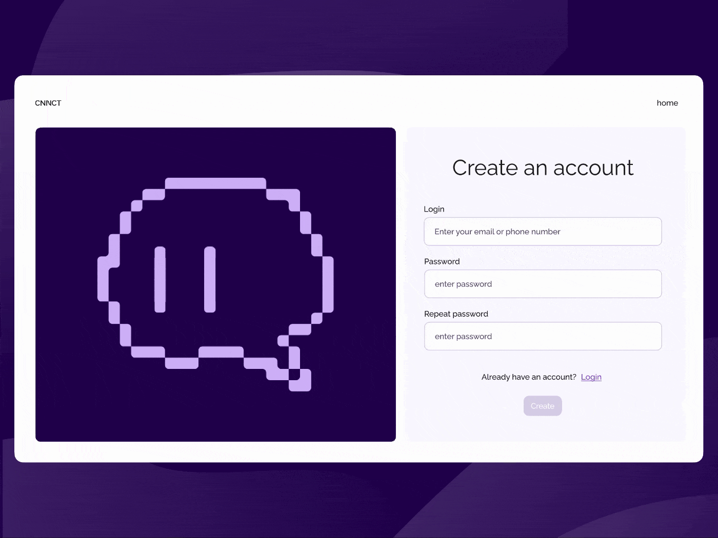 Login/Create an account page with pixel mascot app design form login password pixel platform product register service sign signup ui username ux violet web