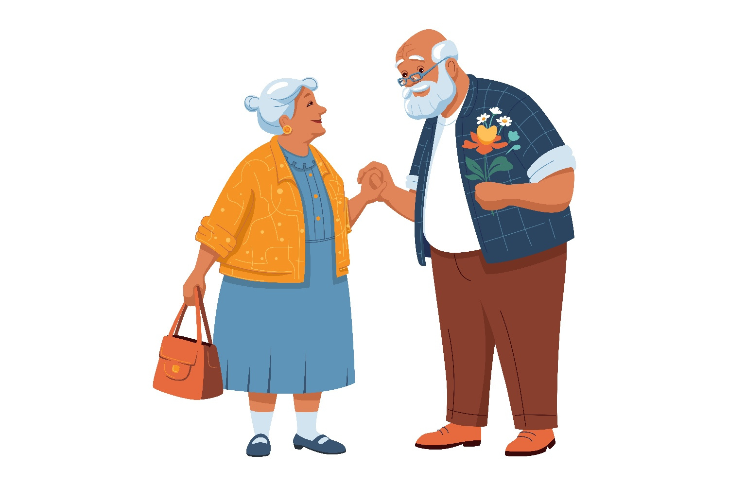 Cheerful old man gives bouquet of wild flowers to sweet old lady by ...