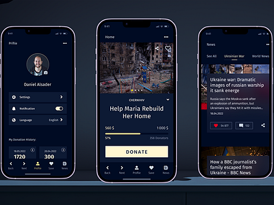 Charity App black mobile dark data design main page mobile mobile application news product page profile research ui ux