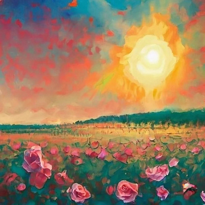 Detailled of a field of roses sun bright in the sky field of flowers flowers sunrise