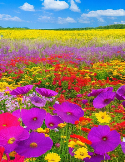 Vibrant colorful field of flowers red purple yellow colorful flowers purple red vibrant yellow