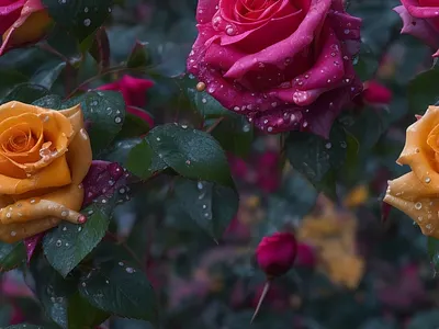 Vibrant multicolored Rose garden with water droplets colorful flowers multicolored roses roses vibrant color