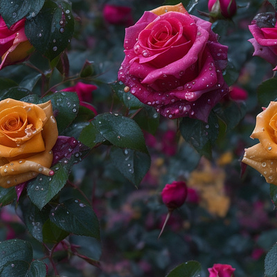 Vibrant multicolored Rose garden with water droplets colorful flowers multicolored roses roses vibrant color