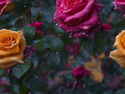 Vibrant multicolored Rose garden with water droplets colorful flowers multicolored roses roses vibrant color