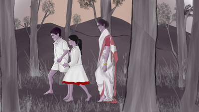Family in Forest design digital painting grayscale photoshop art