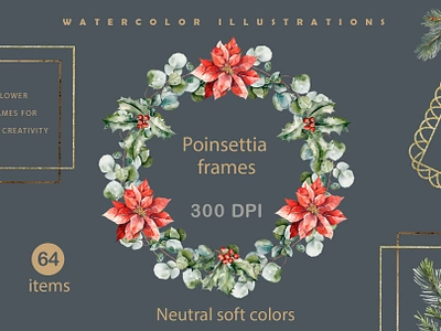 Poinsettia frames. Watercolor style branch cedar cotton diy eucalyptus eve flower frame gold greeting holly invitation new year poinsettia spruce template text watercolor wedding wish