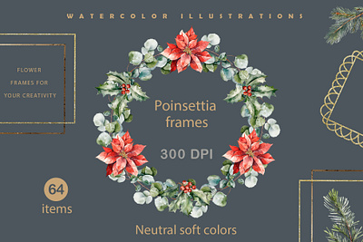 Poinsettia frames. Watercolor style branch cedar cotton diy eucalyptus eve flower frame gold greeting holly invitation new year poinsettia spruce template text watercolor wedding wish