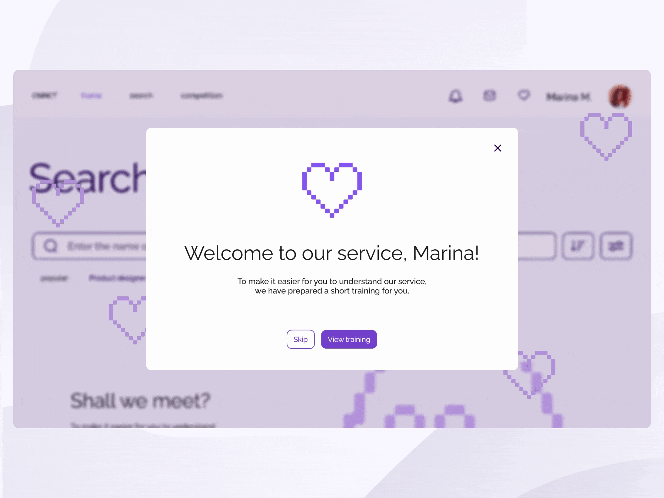 Platform popup anima app design heart illustration notification page pixel profile service ui ux website welcome window