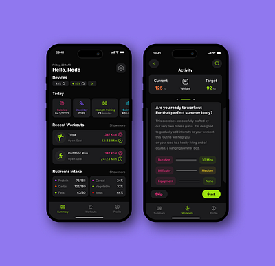 Fitness App animation graphic design green motion graphics purple ui ux