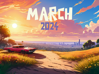 March 2024 2024 2d ai artwork branding car challenge city generative ai illustration landscape march pixel art sky skyline vehicle