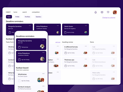 Web app for searching jog app application clients design desktop footer kanban pixel profile statistic tasks ui ux violet web website