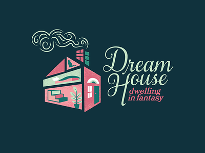 Dreamhouse art gallery barbie branding dreamhouse fine art fractured geometric graphic design house illustration linear plants red and green script shapes smoke stairs texture typography vector