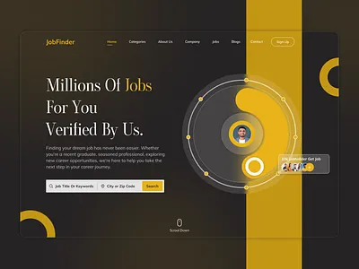 Job Finder Web Exploration animation collection creative dark theme design figma full design hero section job jobfinder millions mockup squre typography ui uiux unique concept web design website design yellow