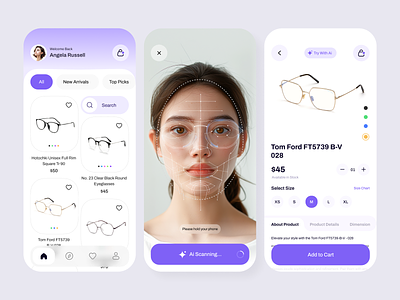 Eyewear AI Mobile App ai technology app designer creative design eyewear eyewear ai face scanning facial recognition freelance designer innovative mart eyewear minimal design mobile app mobile app ui modern technology app ui ux virtual fitting room