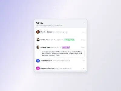 Activity Feed activity card design feed notifications product design saas typography ui ux widget