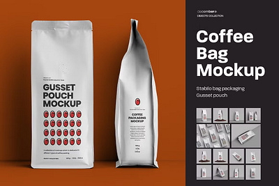 14 Coffee Bag Mockups. Side Gusset bag beans beverage branding brown cafe coffee coffee shop container foil gusset merchandise pack package packaging product realistic side tea