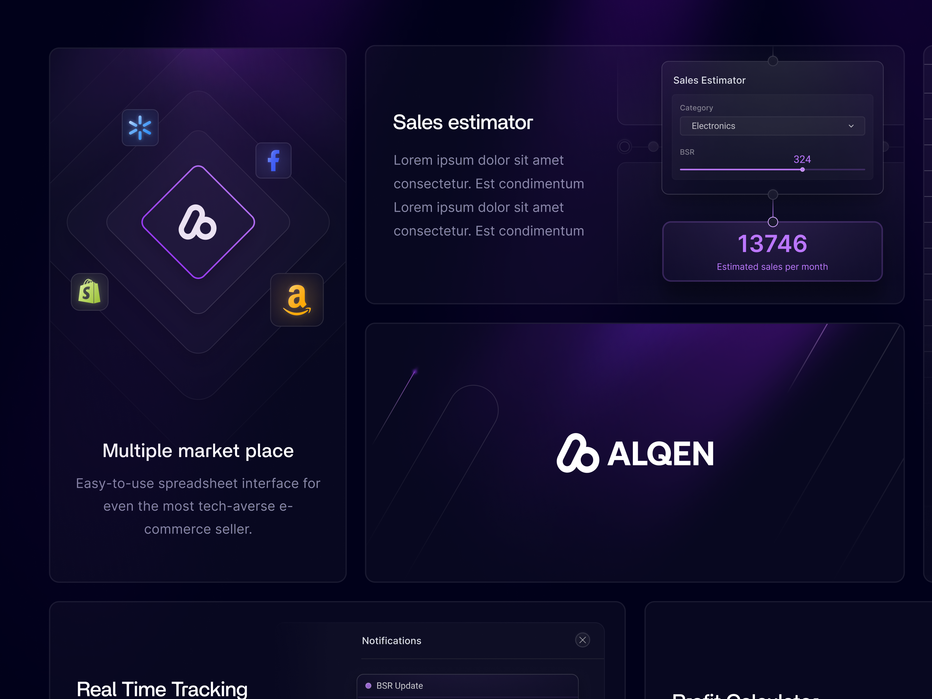 Bento Grid for Alqen ai dark theme figma illustration modern saas ui ux web design website