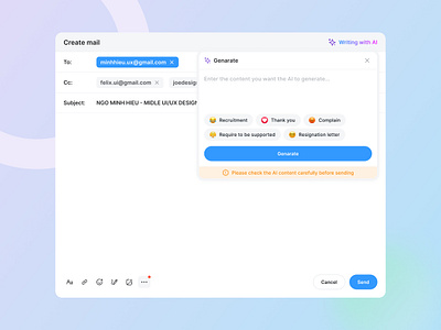Email with AI - UI Design ai creat email design design system email design email marketing email ui email with ai gradient minimalist modal modal email send email ui ui design user interface user interface design ux write writing