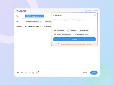 Email with AI - UI Design ai creat email design design system email design email marketing email ui email with ai gradient minimalist modal modal email send email ui ui design user interface user interface design ux write writing
