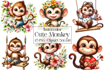 Watercolor Cute Monkey Clipart Bundle ak artwork png bundle