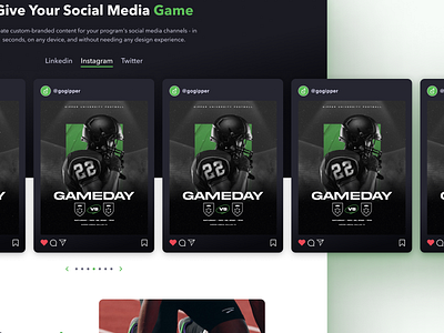 Gipper Homepage - Site Redesign athletic buttons card deck college sports dark mode gameday green header navigation hero homepage marketing site nav bar product design slider social card software sports switcher web design webstacks