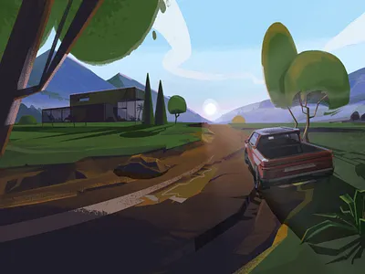 Rivian car house illustration nature