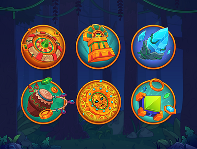 Voodoo Rush: Casino game icons 2d art aztec bonus cartoon casino casual game coin drum gambling game gold icon illustration indians jungle roulette statuette towers wheel