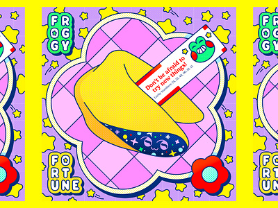Froggy Fortune amphibian colorful cookie design flat food fortune fortune cookie fortune teller frog fun graphic design illustration illustrator magic pattern stars texture typography vector