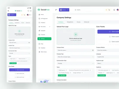 SocialHub - Company Settings Dashboard ai dashboard design form saas settings settings page settings ui social media ui uiux design ux