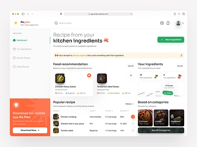 Re.plan - Recipe Planner Dashboard cook dashboard dashboard design dashboard ui desktop ui diet app food food dashboard meal meal dashboard meal planner planner planner dashboard recipe app recipe planner saas saas dashboard saas design saas tools web app