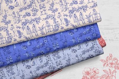 A collection of fabrics with toile de jouy prints. fabric collection floral kids design seamless pattern textile design toile de joue vintage