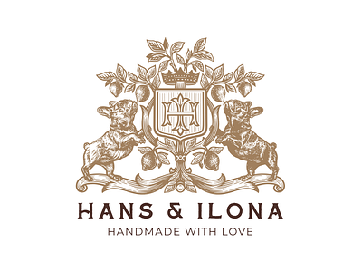 Hans & Ilona bulldog coat of arms crown engraving lemon logo logotype nature royal shield tree