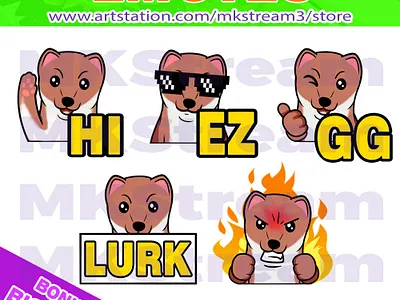 Twitch emotes stoat weasel lurk, hi, gg, ez & rage pack animal animated emotes anime cute design emote emotes ez gg hi illustration logo lurk rage stoat stoat emotes sub badge twitch emotes weasel weasel emotes