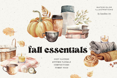 Fall essentials collection. Watercolor style autumn boots autumn magic celebration cinnamon bun diy fall essential falling greeting holiday invitation leaves oak pattern season thanksgiving day thermos top umbrella watercolor