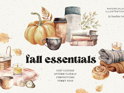 Fall essentials collection. Watercolor style autumn boots autumn magic celebration cinnamon bun diy fall essential falling greeting holiday invitation leaves oak pattern season thanksgiving day thermos top umbrella watercolor