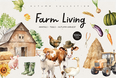 Farm living collection autumn magic combine harvester diy eggplant grain storage silo greeting harvest invitation manure spreader milk can pitchfork pre made compositions season seed planter spinach sunflower thanksgiving day top vegetables watercolor