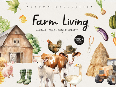 Farm living collection autumn magic combine harvester diy eggplant grain storage silo greeting harvest invitation manure spreader milk can pitchfork pre made compositions season seed planter spinach sunflower thanksgiving day top vegetables watercolor
