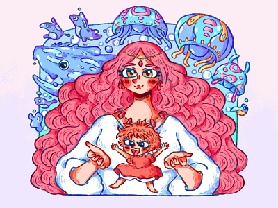 Ponyo and her mom🪼🌊🐠 art cute ghibli graphic design illustration procreate