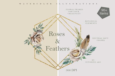 Roses and feathers. Watercolor style anniversary botanical bouquet diy feathers floral frame greeting herbarium invitation romantic roses summer template text top valentine day vintage watercolor wedding