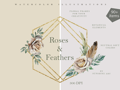 Roses and feathers. Watercolor style anniversary botanical bouquet diy feathers floral frame greeting herbarium invitation romantic roses summer template text top valentine day vintage watercolor wedding