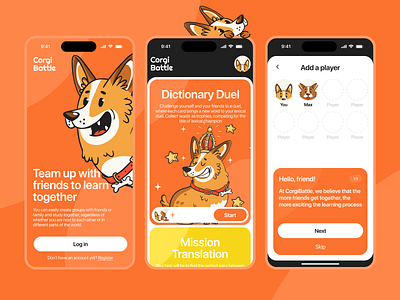 CogriBattle — English language learning app app branding corgi design english fun illustrations mobile ui ux