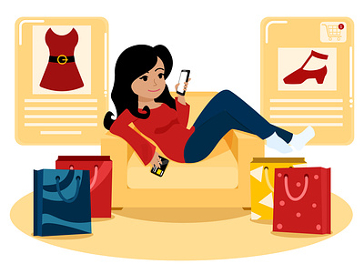 Online Shopping Concept Flat Illustration credit card flat illustration graphic design online shopping shopping bags smartphone woman laying on couch woman online shopping