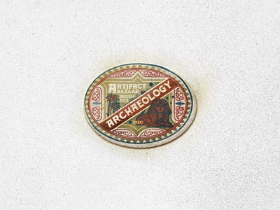 Egyptian Archaeology Badge antique archaeology artifact badge collector cologne egypt egyptian ephemera excavation giza matchbox palm trees pyramids relic retro sphinx stamp texture vintage