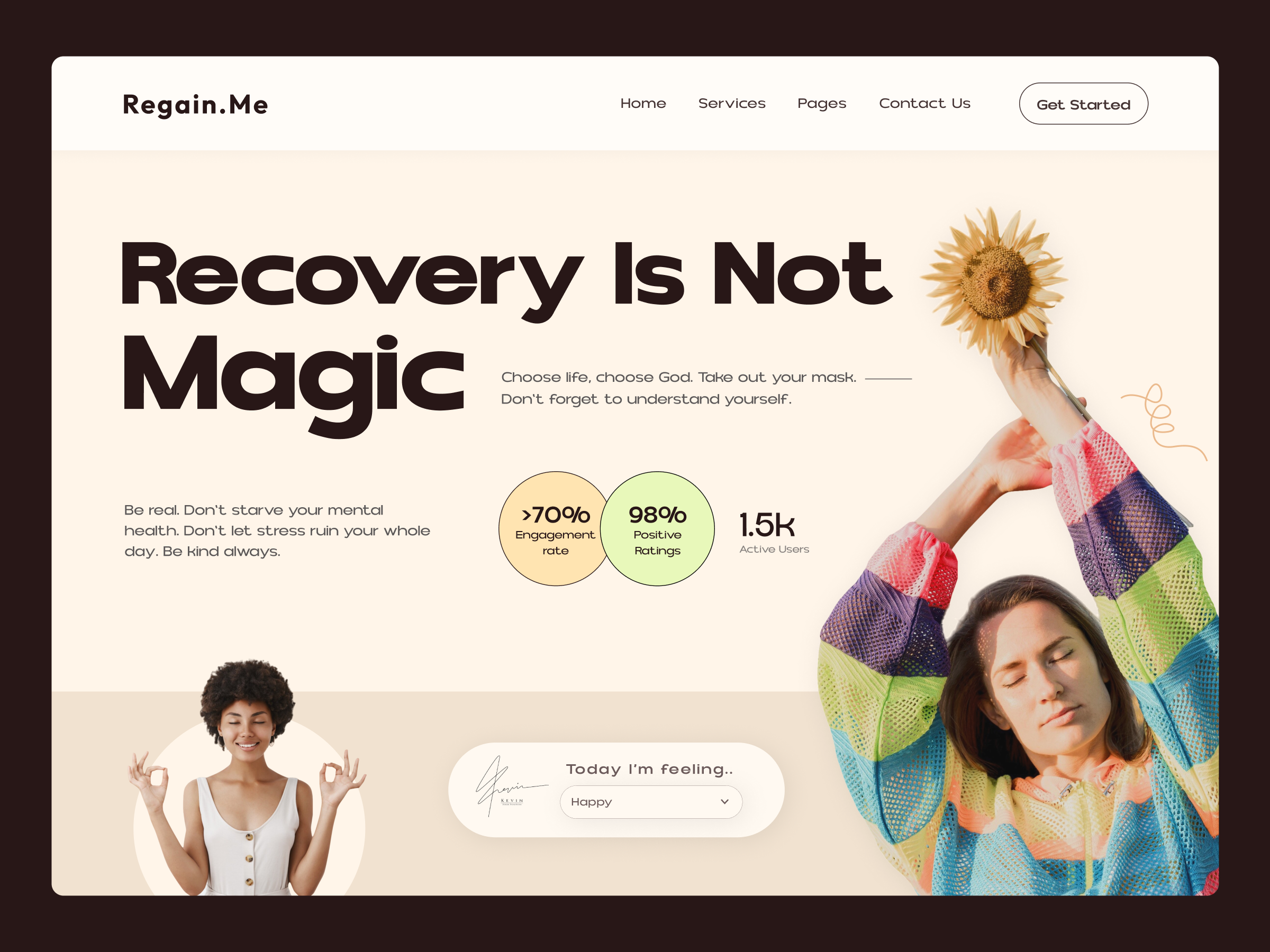 Regain.Me | Header Exploration | Recovery Treatment cheerful designer freelance happy health instructor life meditation mental mentor mind recover recruiter remote success treatment uidesign web design yoga