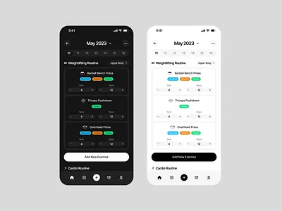 Fitness App Light & Dark Mode Exploration app fitness fitness app fitness tracker gym app mobile ui ui ux workout workout app