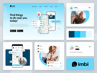 Landing Page Details | imbi activities app dev app development applicationdevelopment bento grids blue branding case study emotions grey landing page list logotype map meetings mobile app pin social startup uiux