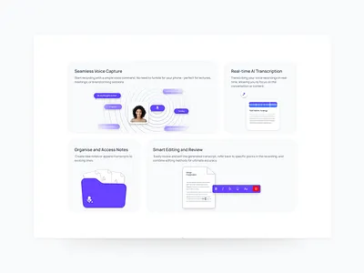 Bento Grid · Detachless FREE Figma UI kit ai bento bento grid cards design detachless features section figma illustration illustrations journalism light mode purple transcription ui ui kit uiux ux web design website
